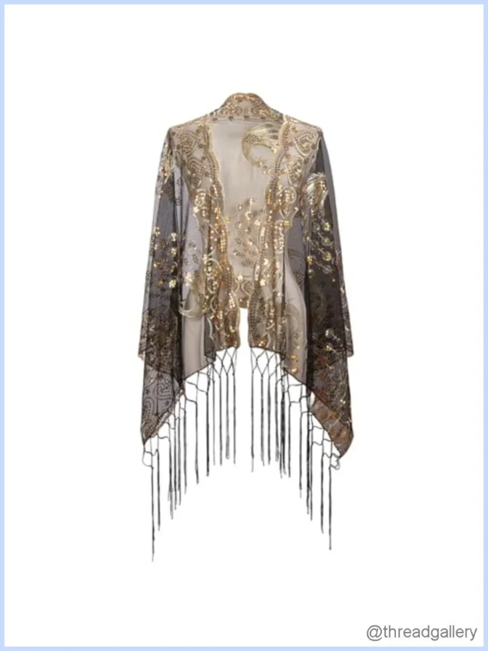 Sequined Floral Lace Shawl Wrap with Fringe Tassels - 1920s Vintage Chiffon